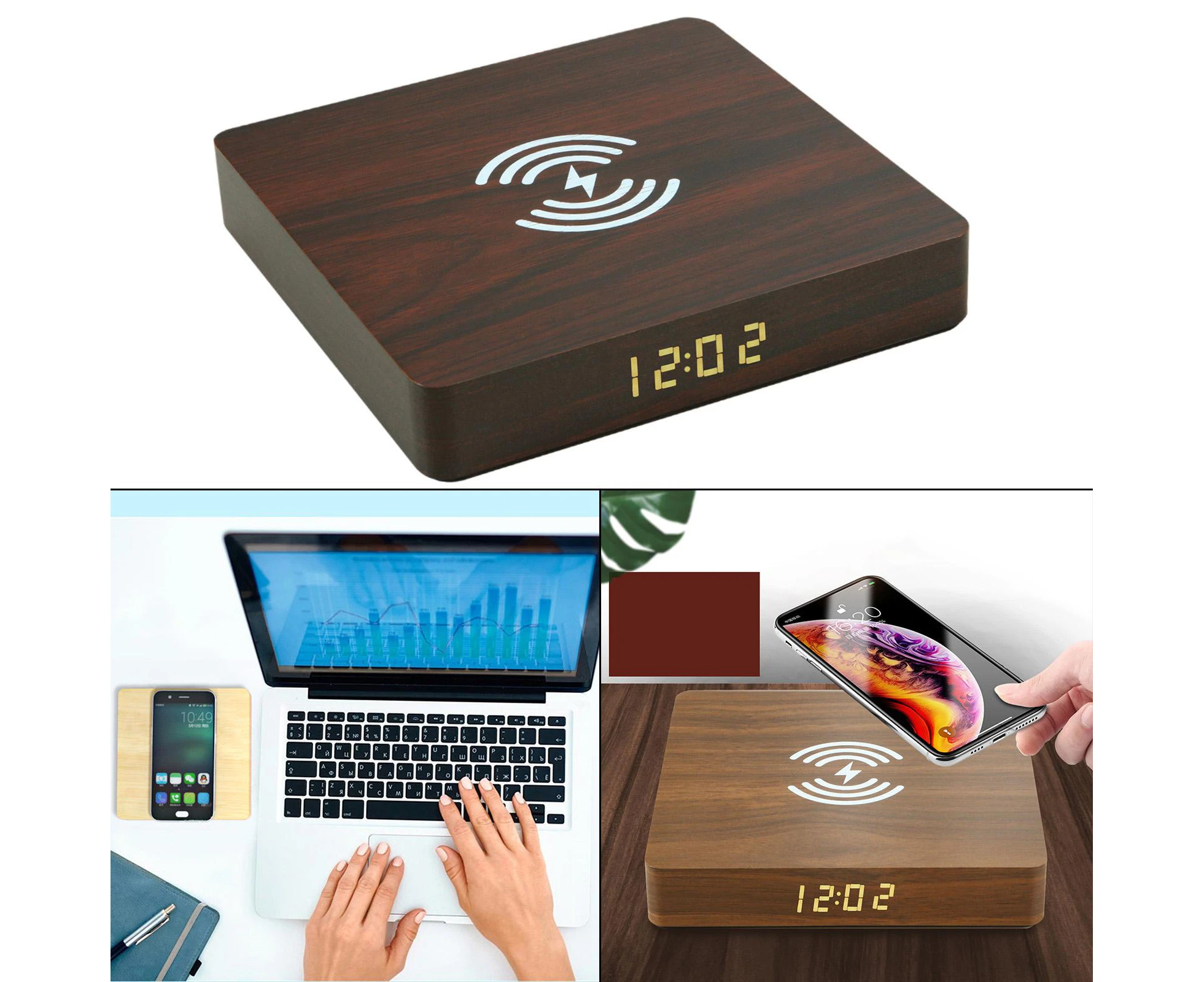 10W Wooden Wireless Charger Station w/ Alarm Clock for Bedroom Office Kids Dark Brown