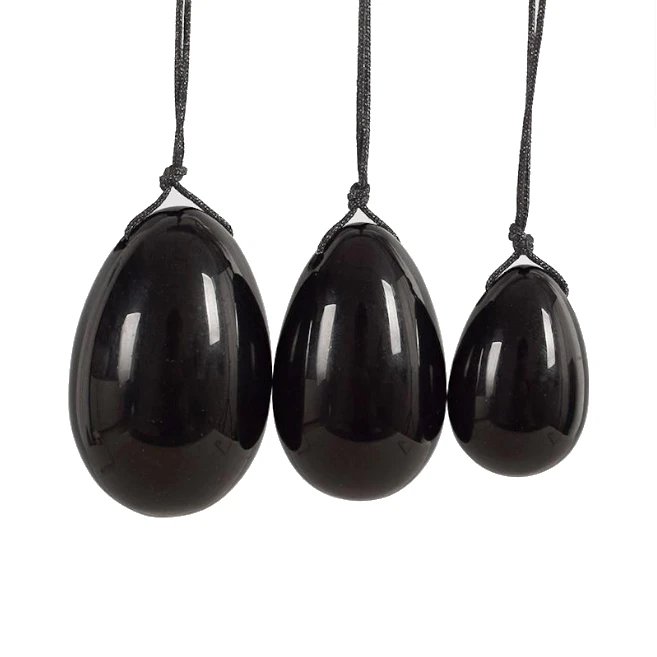 3/Set Natural Black Obsidian Yoni Egg Kegel Exercise Massage Balls - Black