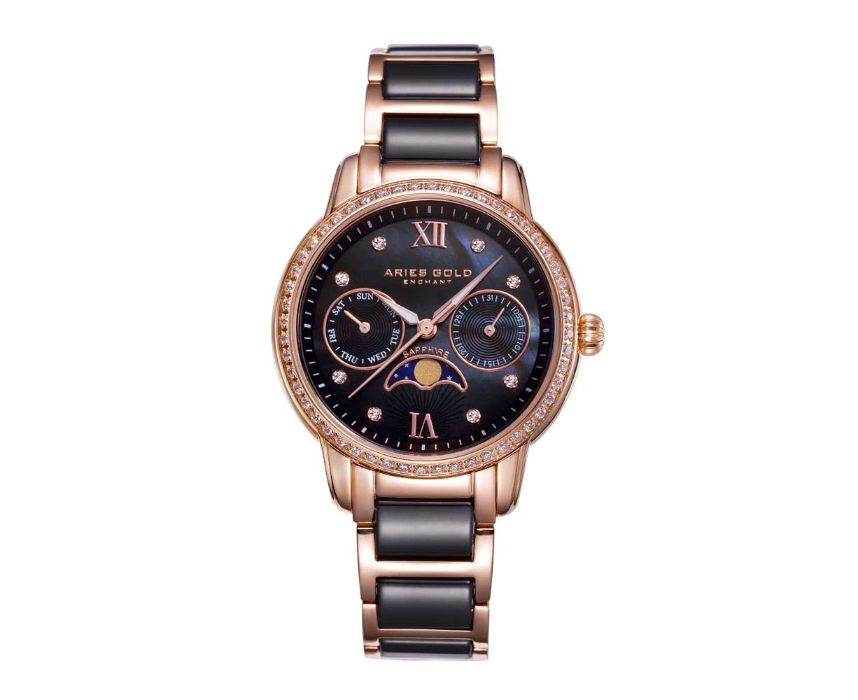 ARIES GOLD ENCHANT LUNA ROSE GOLD STAINLESS STEEL L 58010L RG-BKMP BLACK CERAMIC WOMEN'S WATCH