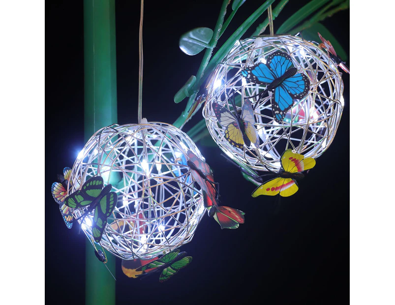 Set of 2 Pcs Hanging Solar Butterfly Pendant Ball Light Mesh Orb Lamp Garden Decor-White