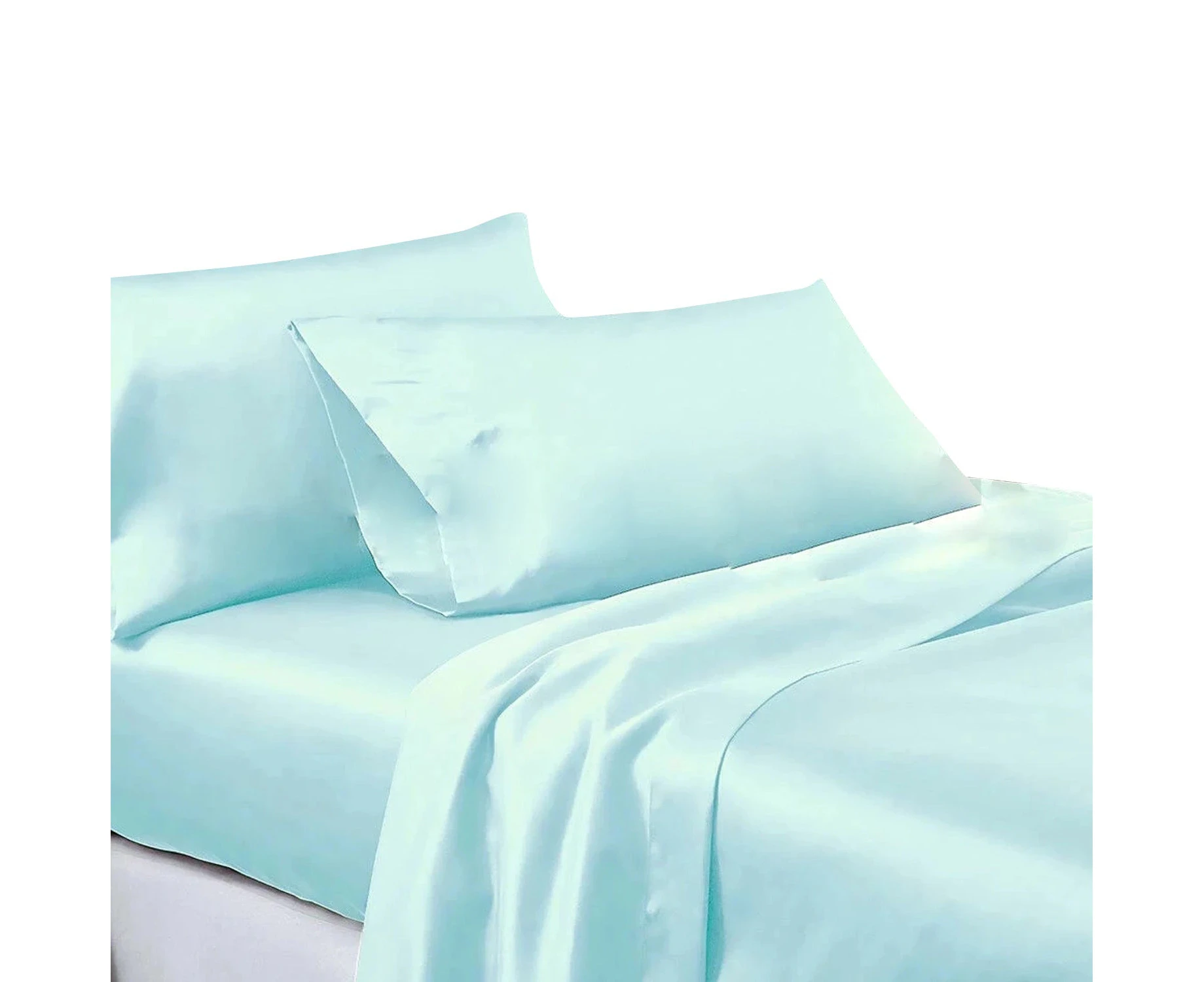 Soft Silk Satin Sheet Set Flat Fitted Sheet Pilllowcases - Aqua-King