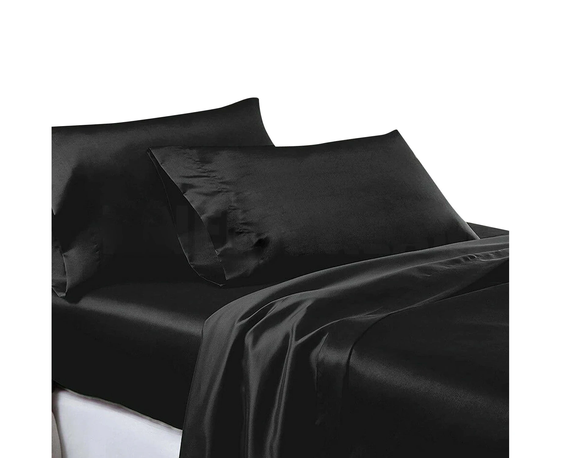 Soft Silk Satin Sheet Set Flat Fitted Sheet Pilllowcases - Black-2x Pillwcase