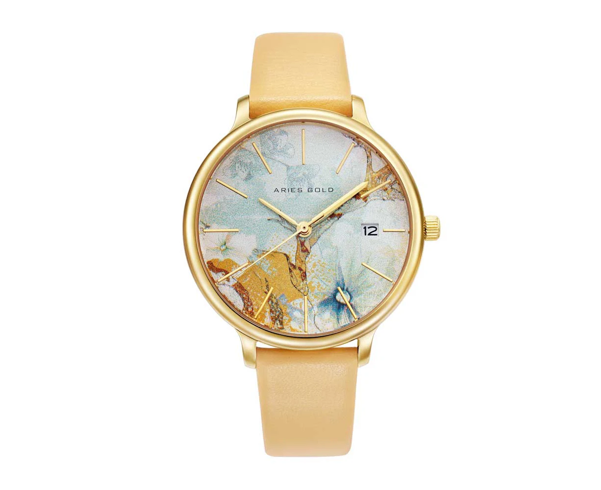 ARIES GOLD ENCHANT FLEUR GOLD STAINLESS STEEL L 5035 G-ORFL LEATHER STRAP WOMEN'S WATCH