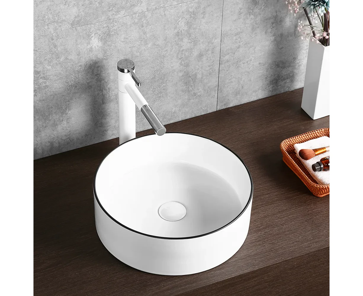 360*360*120mm Gloss White with Black Rim Ceramic Round Above Counter Art Basin