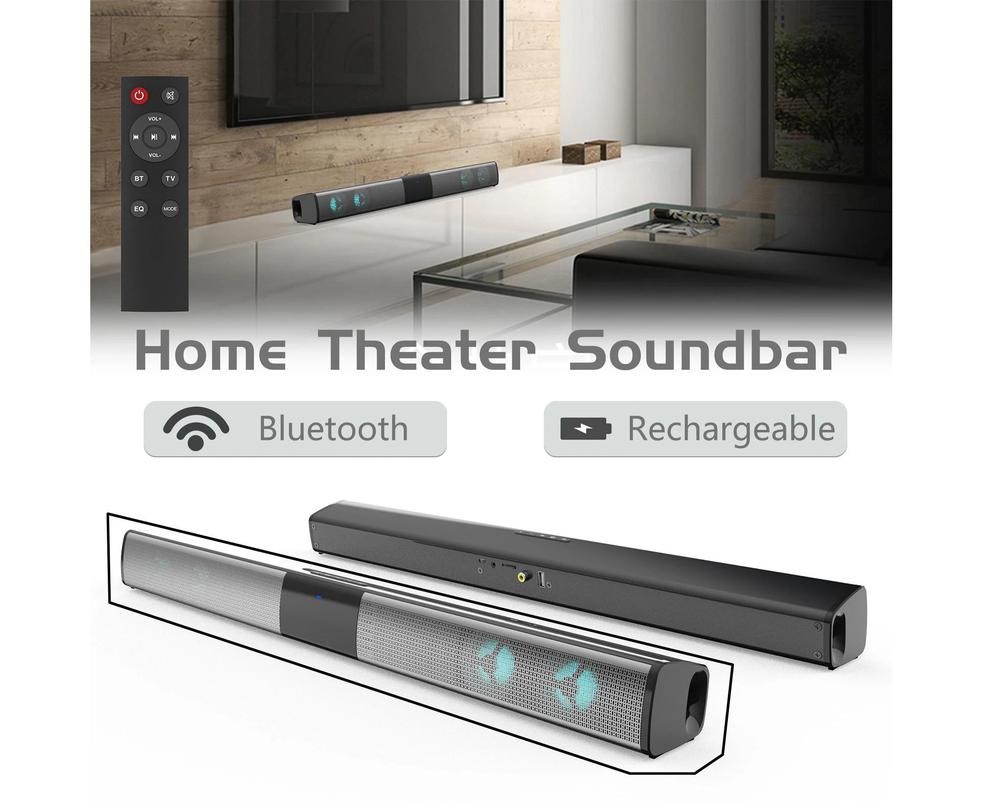 TV Sound Bar Bluetooth with 4 Speakers For PC 7 Color RGB Light Colorful Box