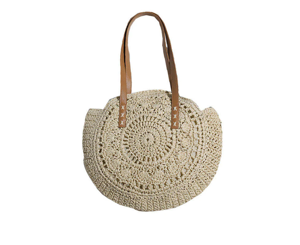 Nevenka Round Straw Bag Large Woven Summer Beach Tote Handbags for Women Vacation-Beige