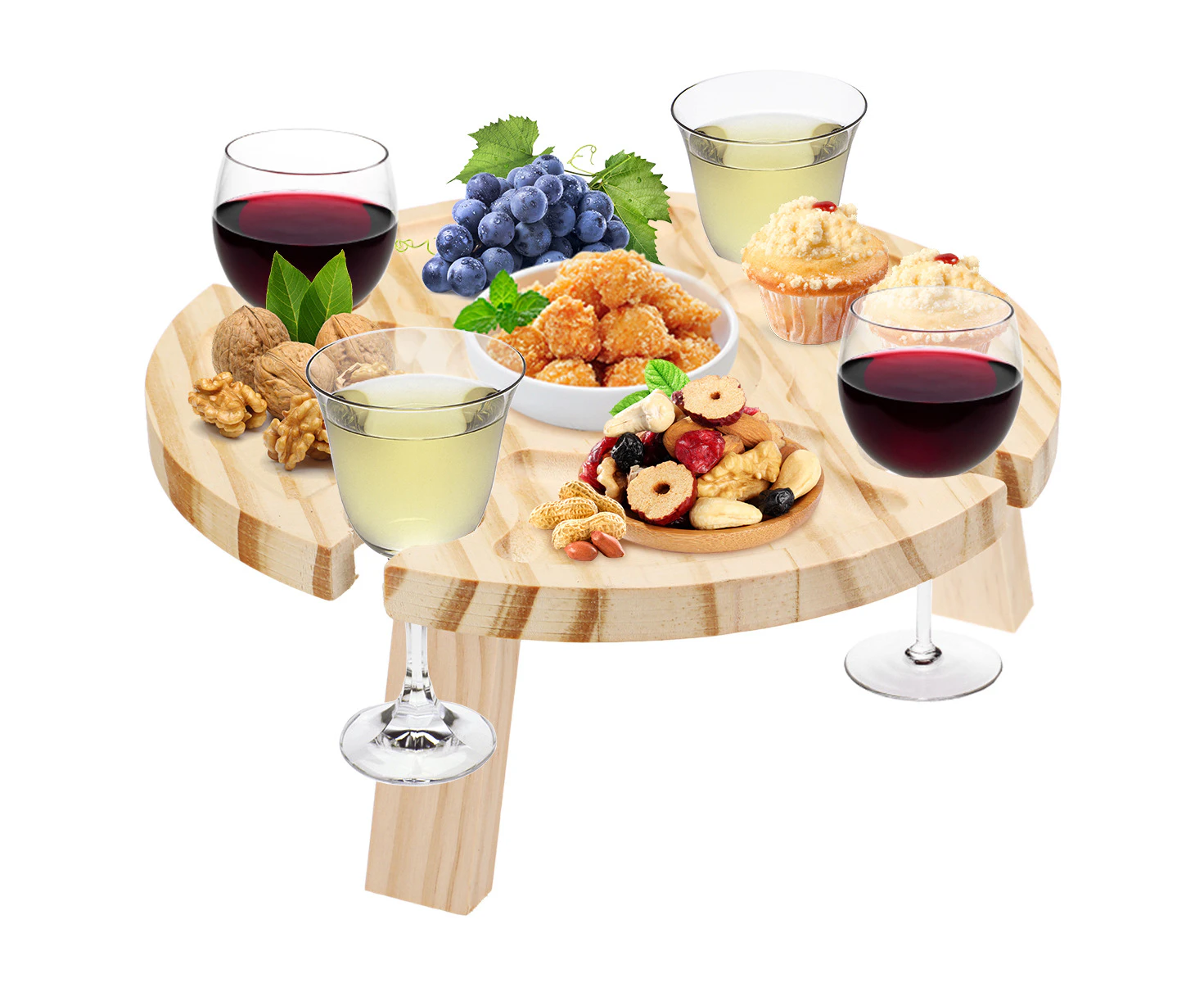 30x16cm Portable Folding Wooden Round Picnic Table Wine Glass Rack Table for Outdoor Home Garden