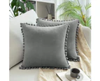 2x  Square Decorative Throw Pillow with Cute Pom-poms Soft Velvet Farmhouse Cushion  for Couch Sofa Bedroom Decor (Inserts + Pillow Covers, Grey)