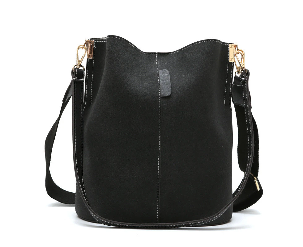 Nevenka Women Bucket Bag Large Capacity Vintage PU Leather Handbag-Black