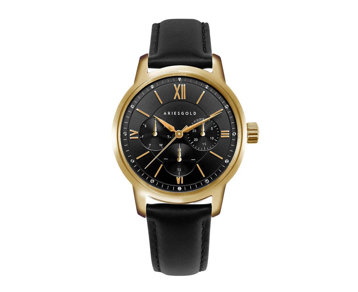 ARIES GOLD URBAN ETERNAL GOLD STAINLESS STEEL L 1028 G-BKG BLACK LEATHER STRAP WOMEN'S WATCH