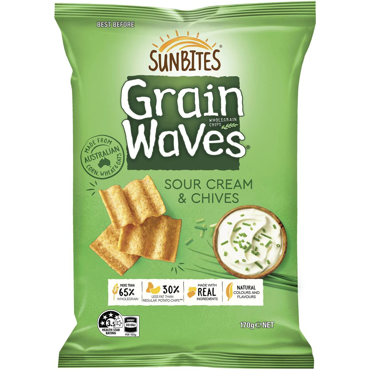 Sunbites Grain Waves Wholegrain Chips Sour Cream Chives Pack 170g