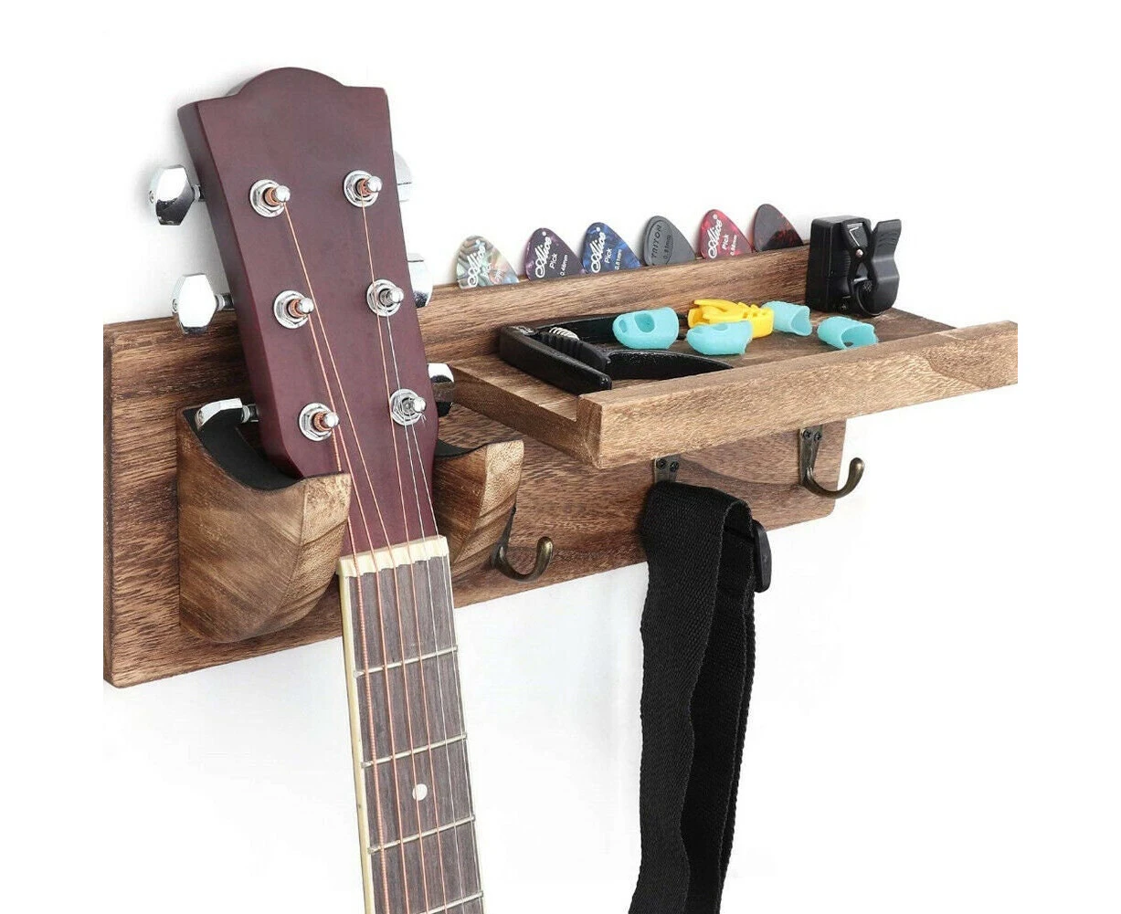 Guitar Wall Mount Hanger With Storage Shelf With 3 Metal Wood Rack Hook Stand