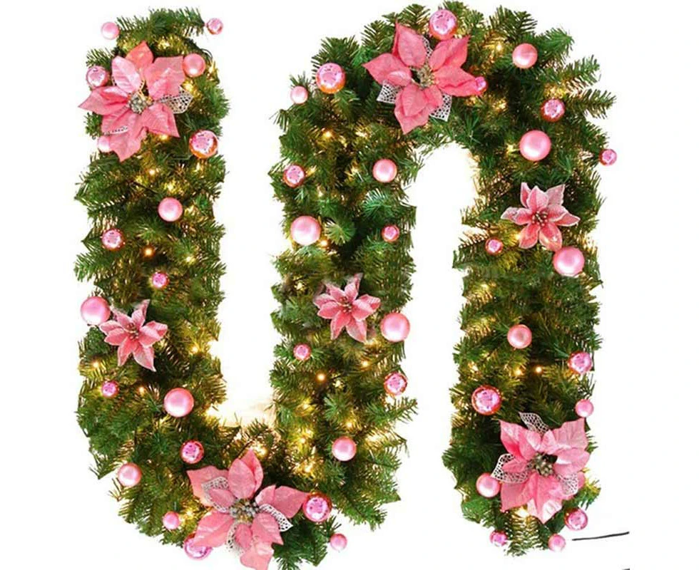 Madesmart 2.7M Christmas Garland with Lights Rattan Artificial Garland Green for Indoor Home Fireplace Stair Decorations-Pink