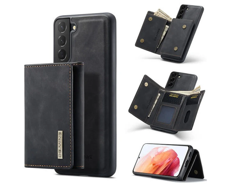 DG.MING For Samsung Galaxy S21 Premium Trifold Wallet Leather Case With 2-in-1 Magnetic Detachable Card Holder Pocket Cover - Black