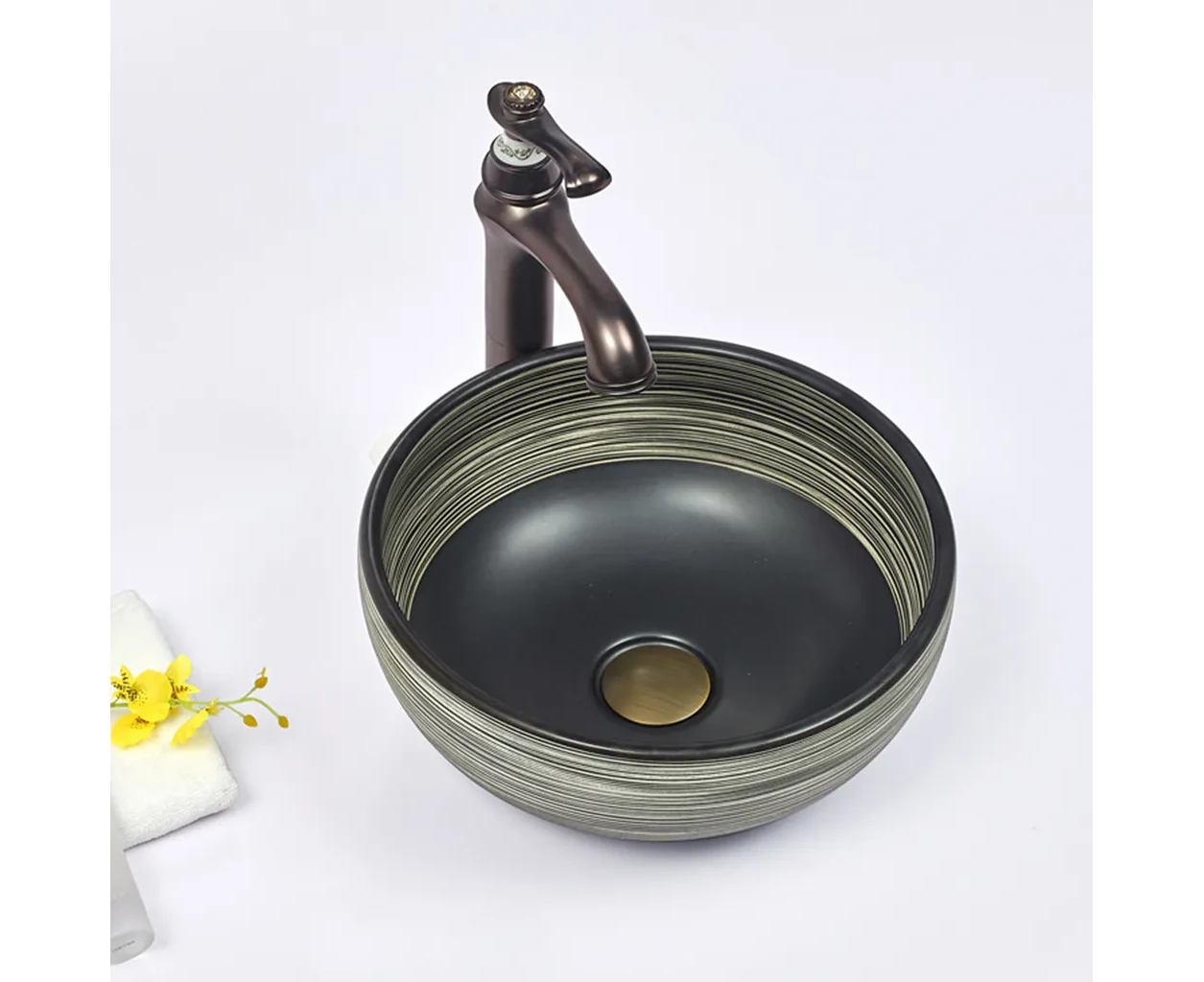 360*360*140mm Matte Black with Stripe Pattern Porcelain Round Above Counter Art Basin