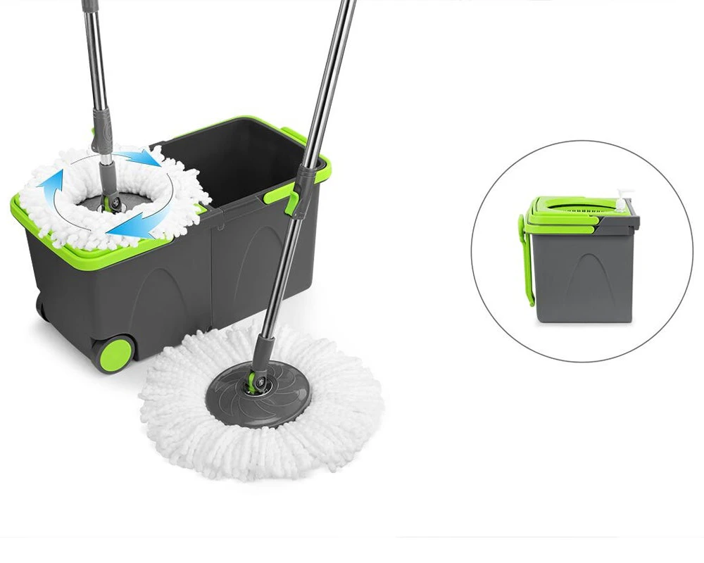 Friter Magic 360° Magic Spin Mop with Roller Easy Stack Bucket and 2 Mop Heads - Grey+Green