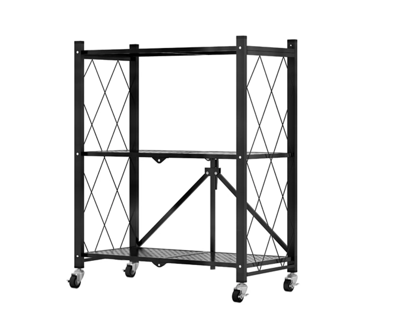 SOGA 3 Tier Steel Black Foldable Kitchen Cart Multi-Functional Shelves Portable Storage Organizer with Wheels