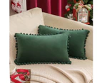 2x  Square Decorative Throw Pillow with Cute Pom-poms Soft Velvet Farmhouse Cushion  for Couch Sofa Bedroom Decor (Inserts + Pillow Covers,  Dark Green)