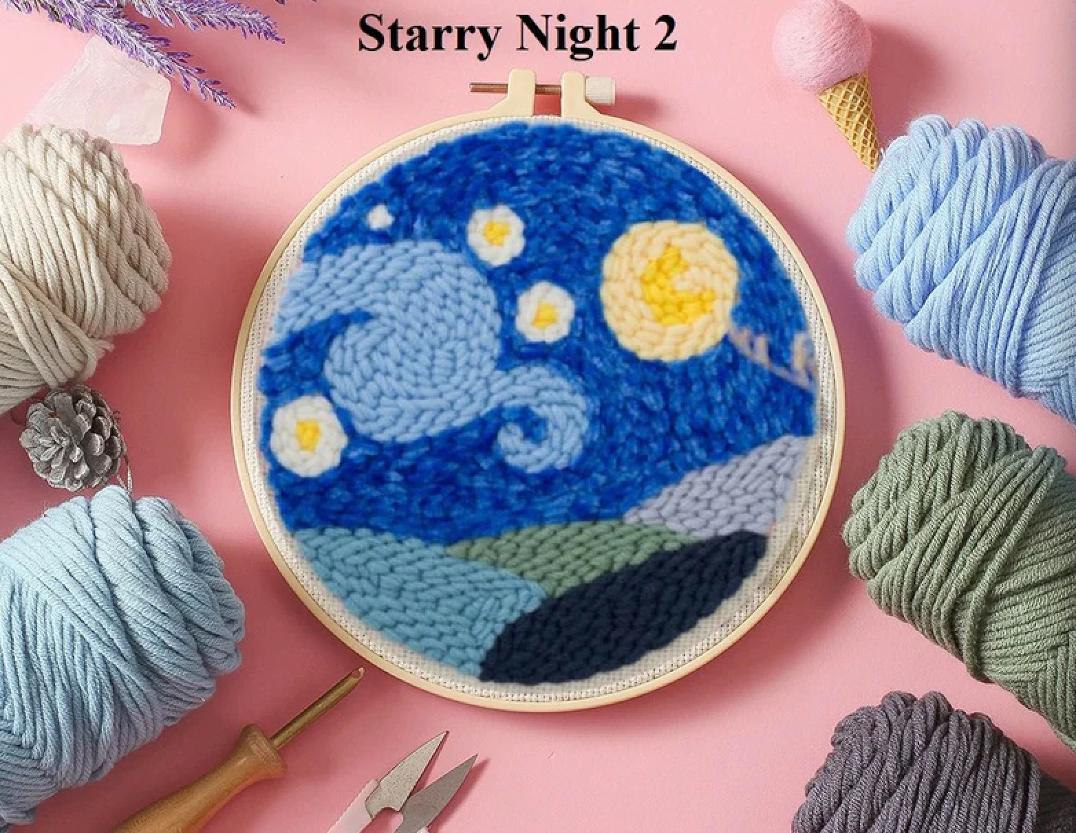 Van Gogh Starry Night Punch Needle kit for beginners With Wooden Frame DIY Craft Set Gift