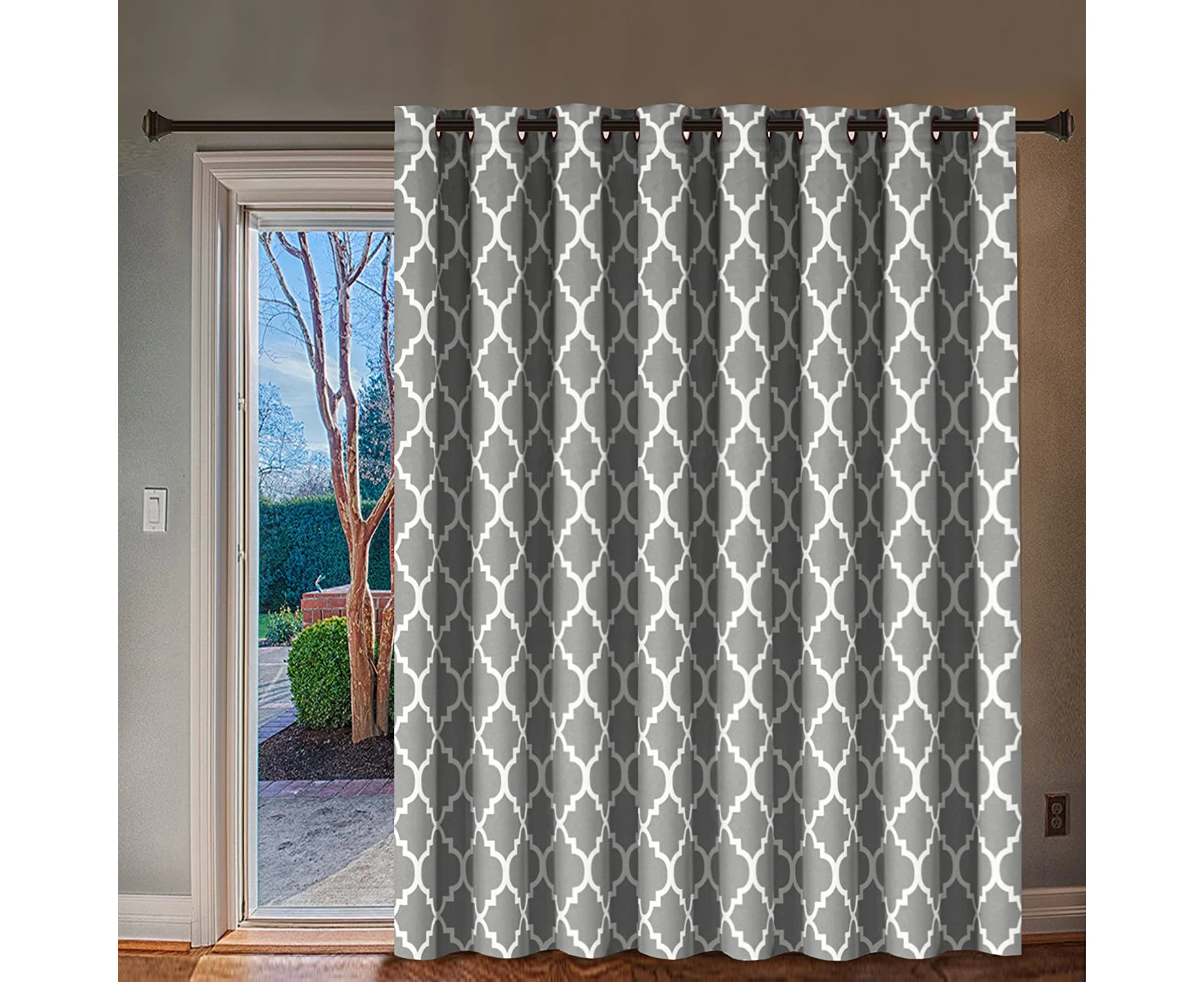 Extra Wide Blackout Curtain for Sliding Glass Door -Grommet Top Patio Door Curtain - Moroccan Tile Quatrefoil Pattern, Light Grey and White