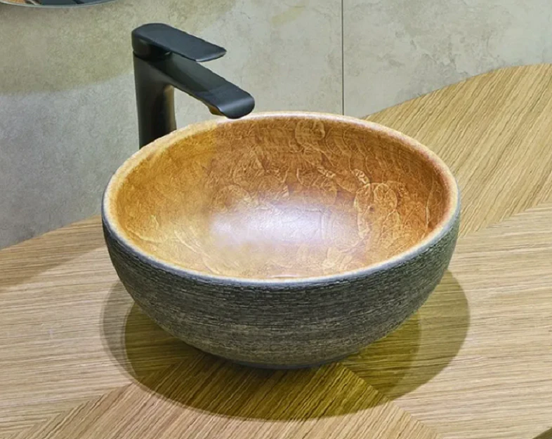 340*340*140mm Pumpkin&Green Exterior Porcelain Round Above Counter Art Basin