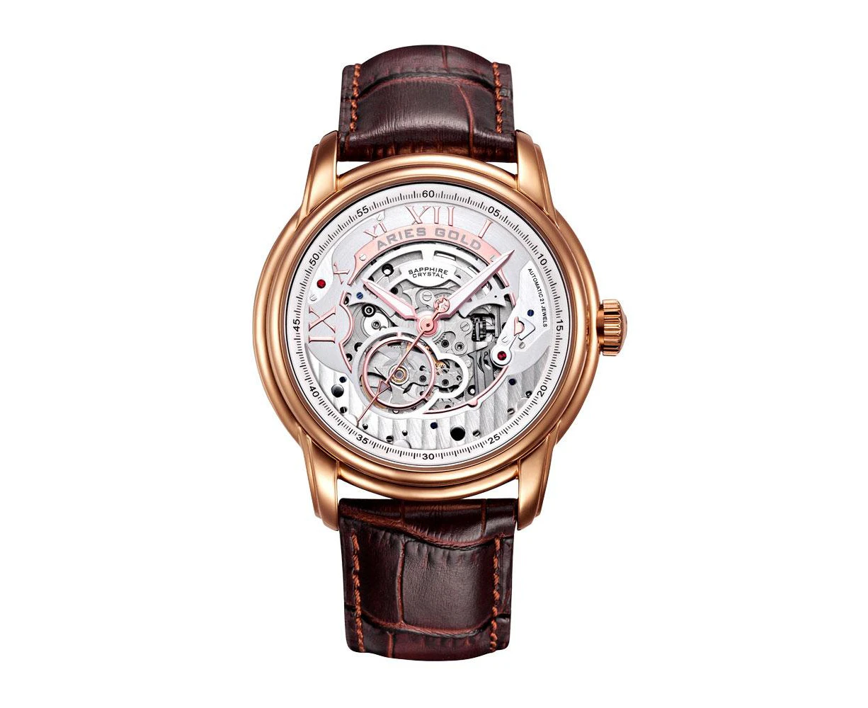 ARIES GOLD INFINUM EL TORO ROSE GOLD G 9005A RG-S BROWN LEATHER STRAP MEN'S WATCH