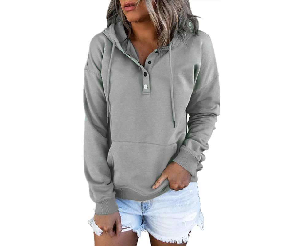 Hooded Button Collar Drawstring Hoodies Pullover Sweatshirts - Gray