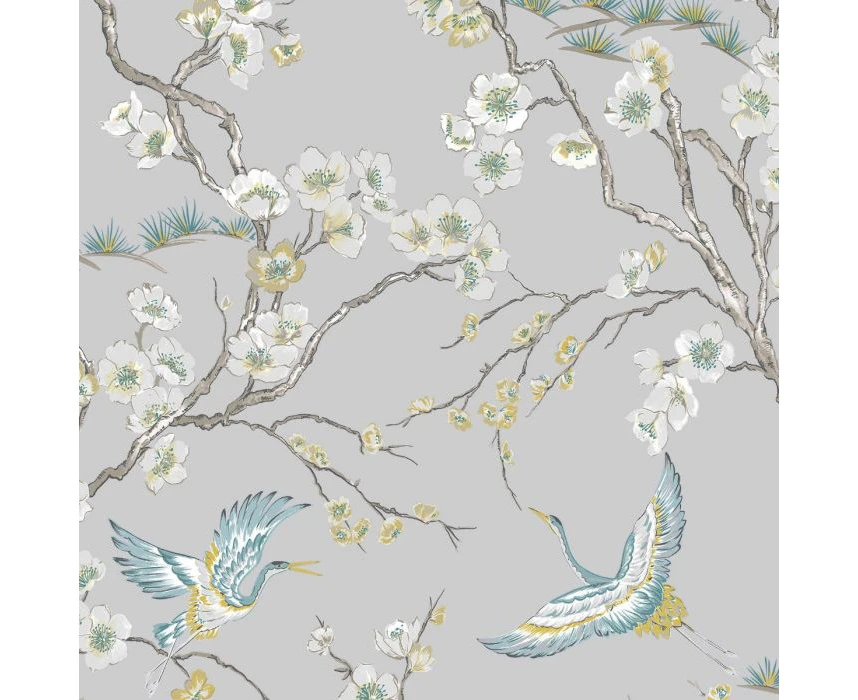 Graham & Brown Sublime Japan Cranes Wallpaper Grey/Blue