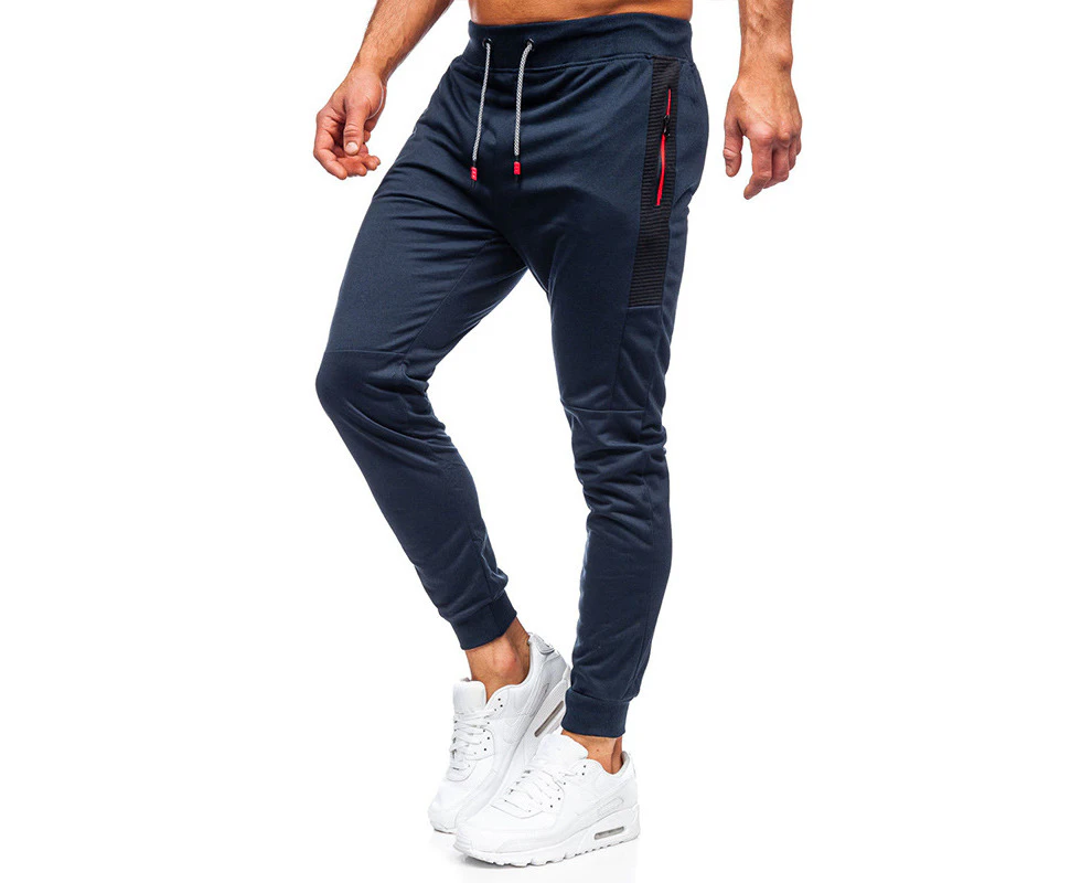 Bonivenshion's Mens Plus Size Workout Pants Casual Jogger Pants Gym Sweatpants with Zippered Pockets-Navy