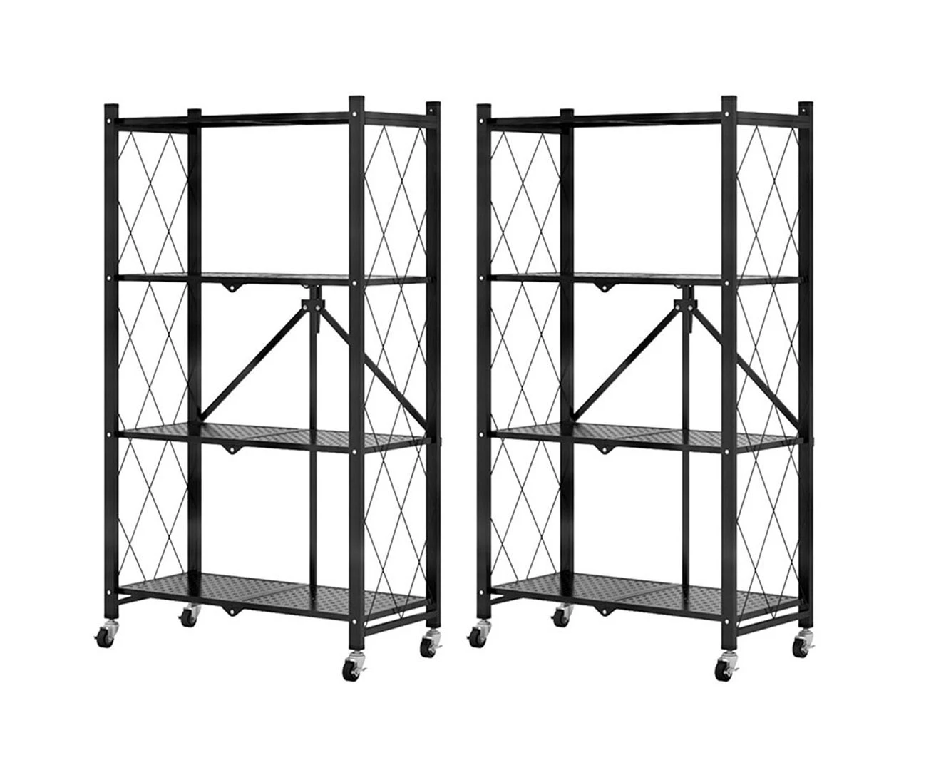 SOGA 2X 4 Tier Steel Black Foldable Kitchen Cart Multi-Functional Shelves Portable Storage Organizer with Wheels