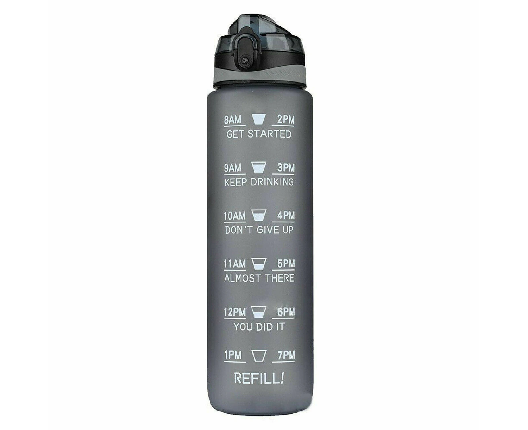 Water Bottle 1L Motivational Drink Flask With Time Markings Sport Gym - Grey