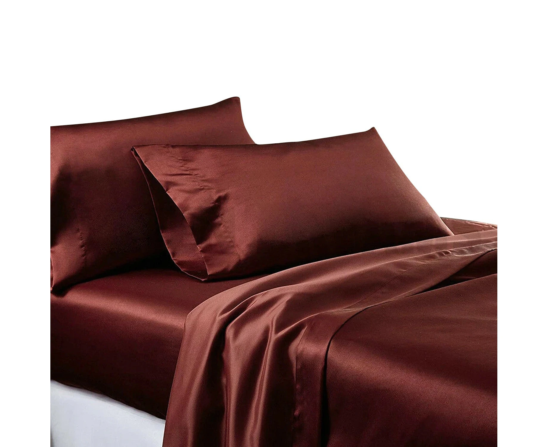 Soft Silk Satin Sheet Set Flat Fitted Sheet Pilllowcases - Burgundy-2x Pillwcase