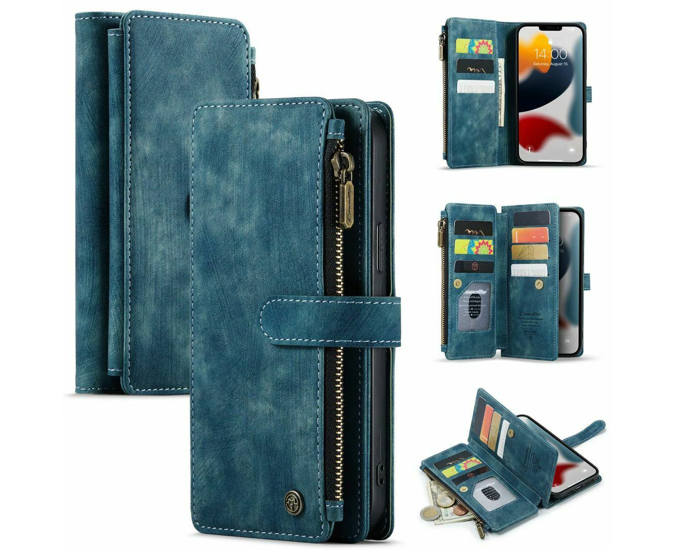 For Apple iPhone 12 Pro Max Genuine CaseMe Durable Magnetic Flip Zipper Card Holder Phone Case Cover - Blue