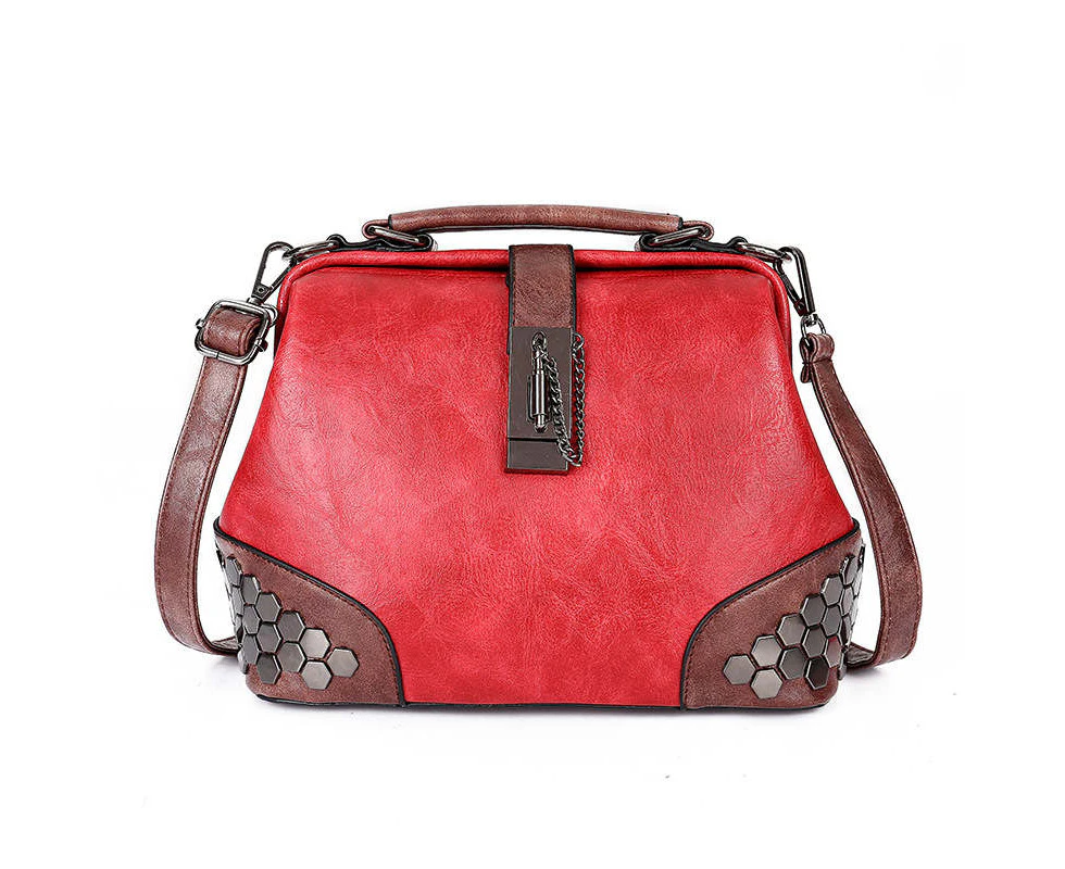 Nevenka Gothic Rivet Vintage Doctor Style Cross Body Convertible Shoulder Handbag-Red