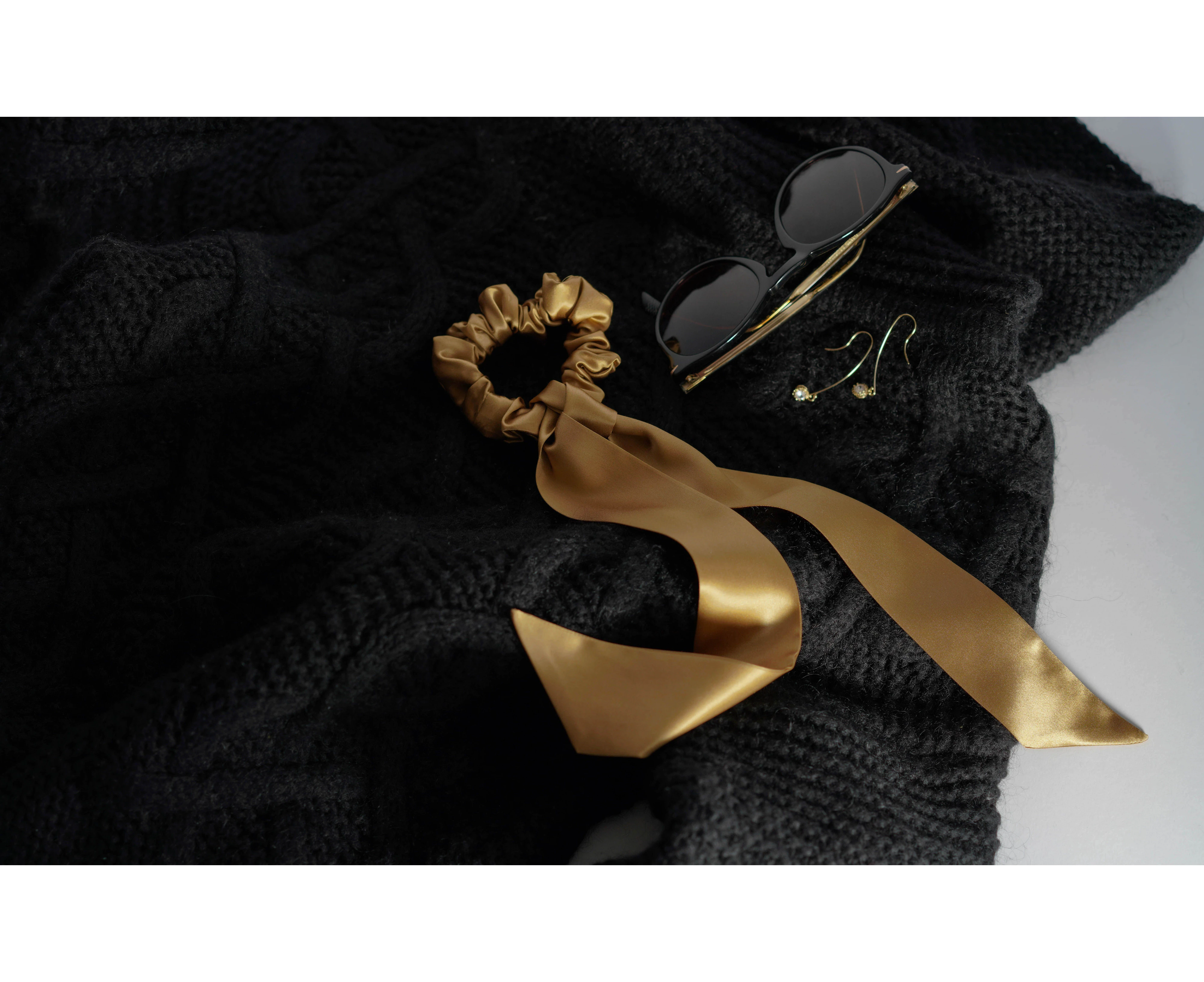 Moonlit Garden Luxury 100% Mulberry Silk Scrunchies Hair Ties With Detachable Twilly - Gold Toffee