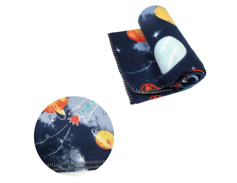 Funky Cute Polar Fleece Throw Rug Navy Planet Space 120x150 cm