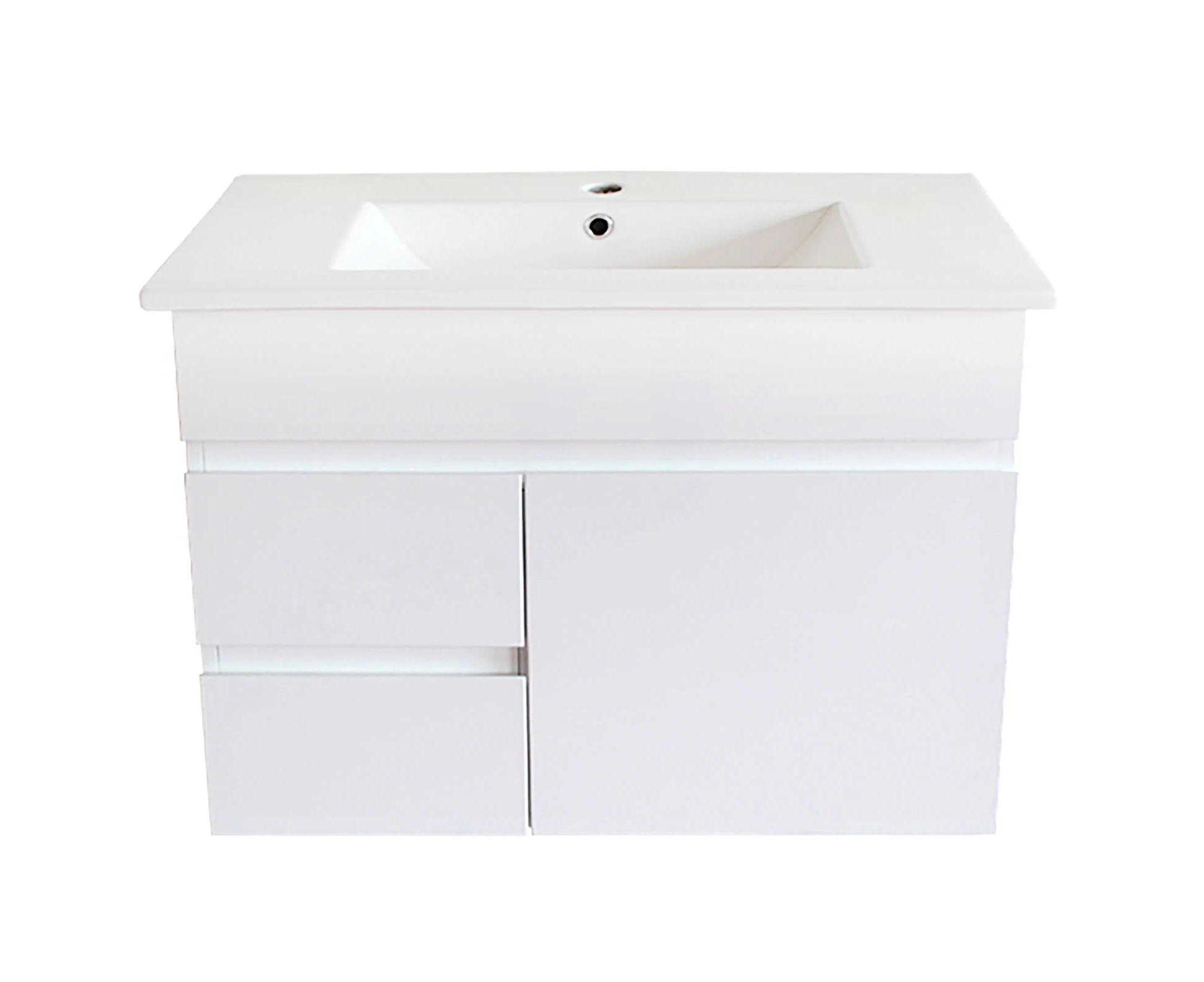 750Lx520Hx360DMM Gloss White PVC Bathroom Vanity Wall Hung 2 Left Drawers 1 Right Door With Ceramic Top