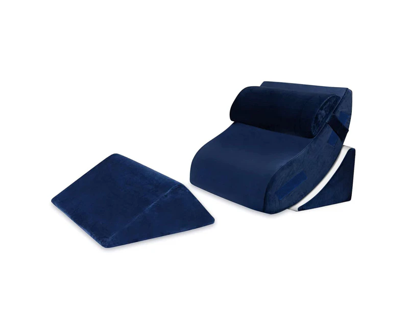 4 Pcs Wedge Pillow Set Bed Cushion Memory Foam Head and Back Support Adjustable Navy Blue