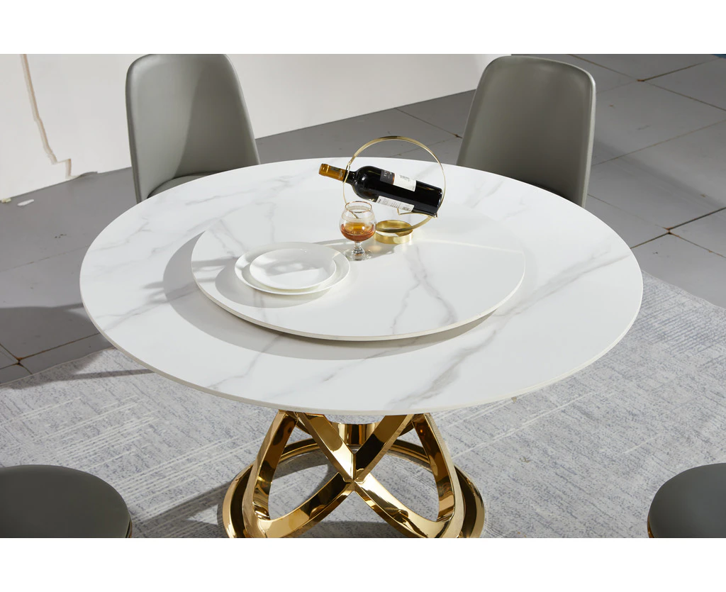 Life Décor Atom Gold - Premium Sintered Stone Round Dining Table with Lazy Susan (1.3m Diameter)