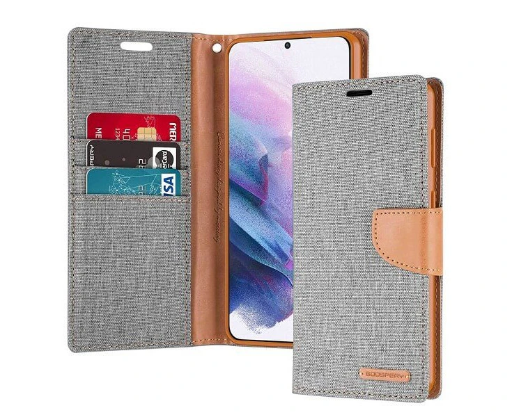 Goospery Canvas Samsung Galaxy S22+ /S22 Plus Wallet Leather Case Denim Stand Flip Fabric Pouch Credit Card Slots Cover - Grey