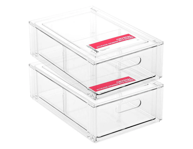 2x BoxSweden 31.5cm Crystal Storage Drawer w/ Divider Stackable Organiser Clear