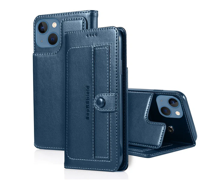 For Apple iPhone 13 Case SupRShield Pro Luxury Wallet Leather Flip Magnetic Stand Case Cover (Navy Blue)