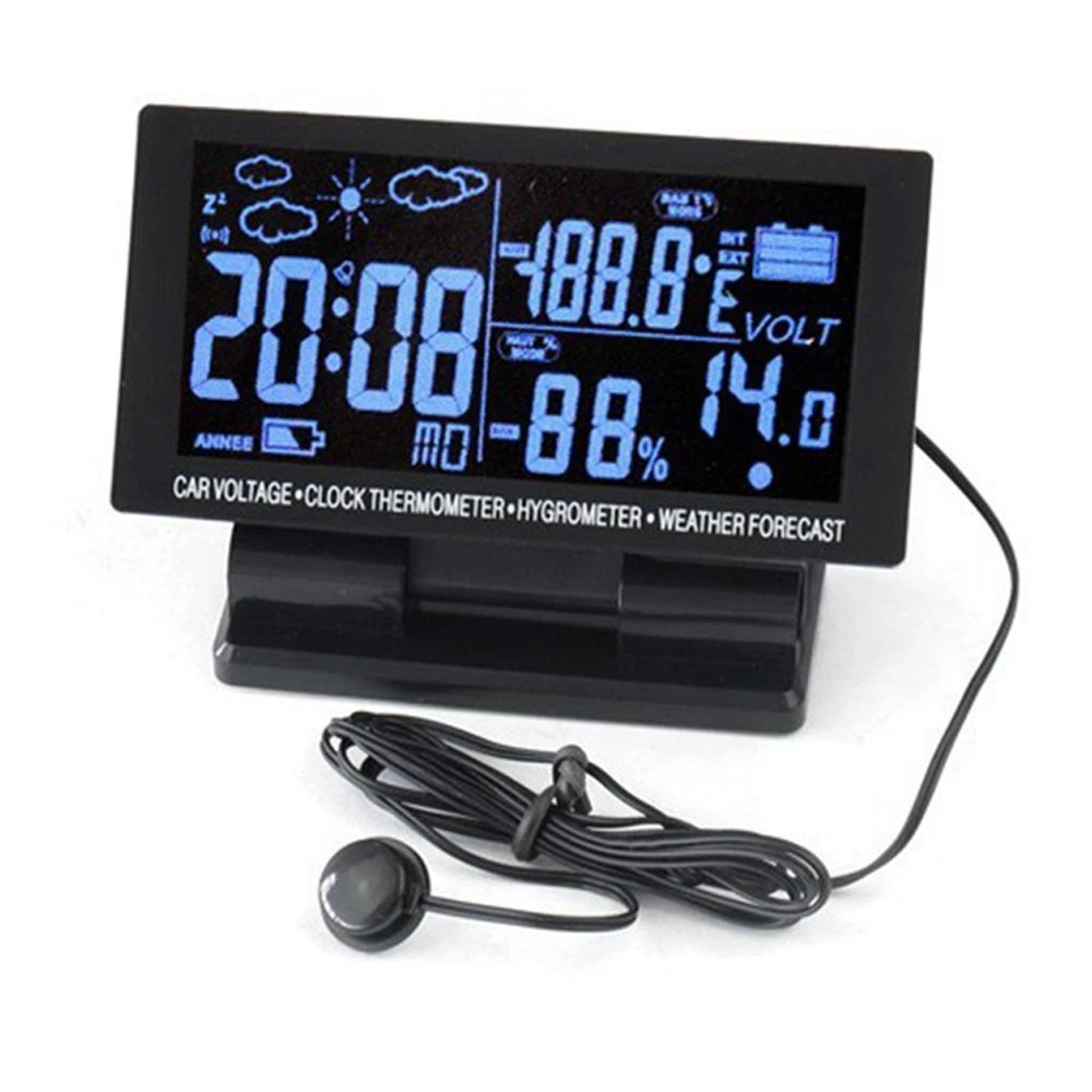 12V In Car Digital Weather Station Blue Backlit Lcd Temperature Humidity Clock