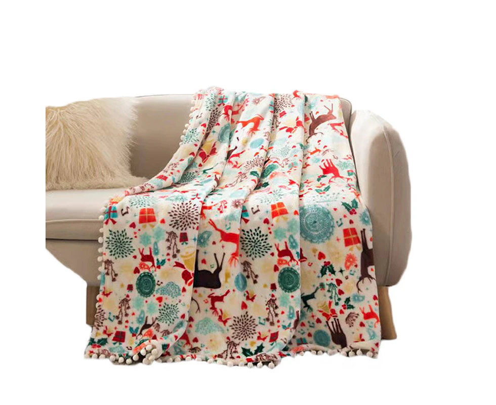 MadeSmart Christmas Cute Print Flannel Tassel Ball Nap Blanket-Deer