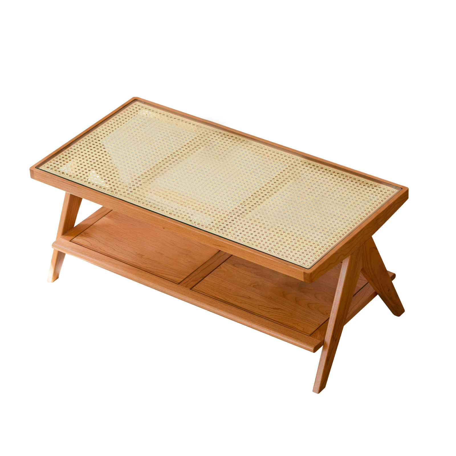 MIUZ American Cherry Wood Coffee Table Modern Wooden Tables, Rattan Top Center Table For Living Room