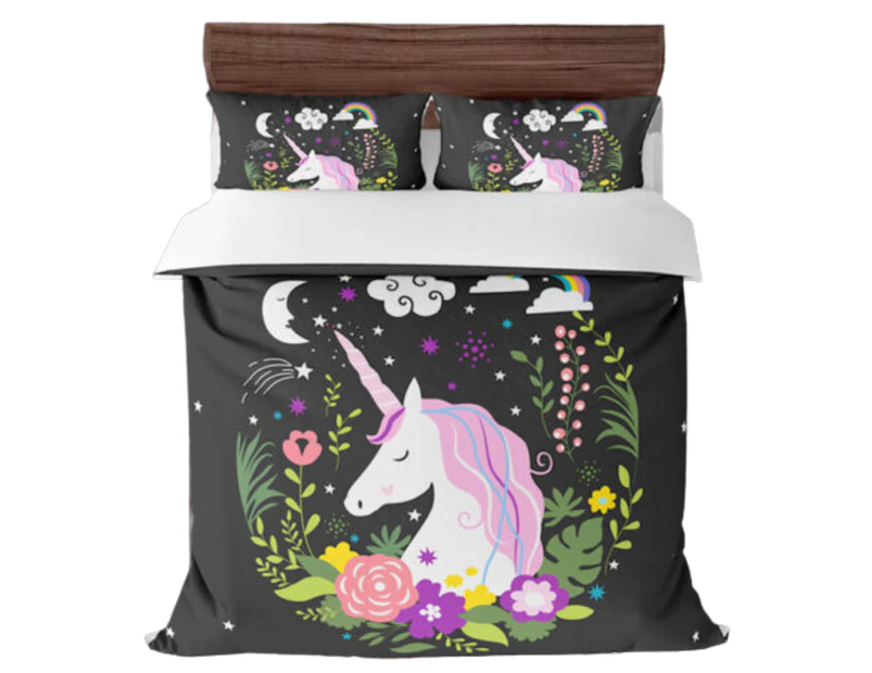 All Size Bed Ultra Soft Quilt Duvet Doona Cover Set Bedding - Unicorn Black