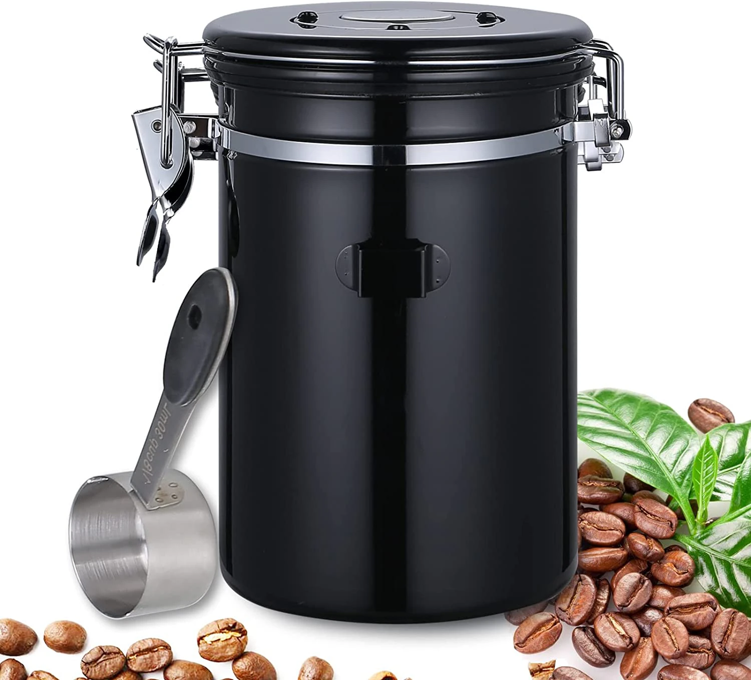 Airtight Stainless Steel Coffee Canister, Coffee Bean Storage Container Jar for Beans, Grounds, Tea, Flour, Cereal, Sugar (1.8L) - Black