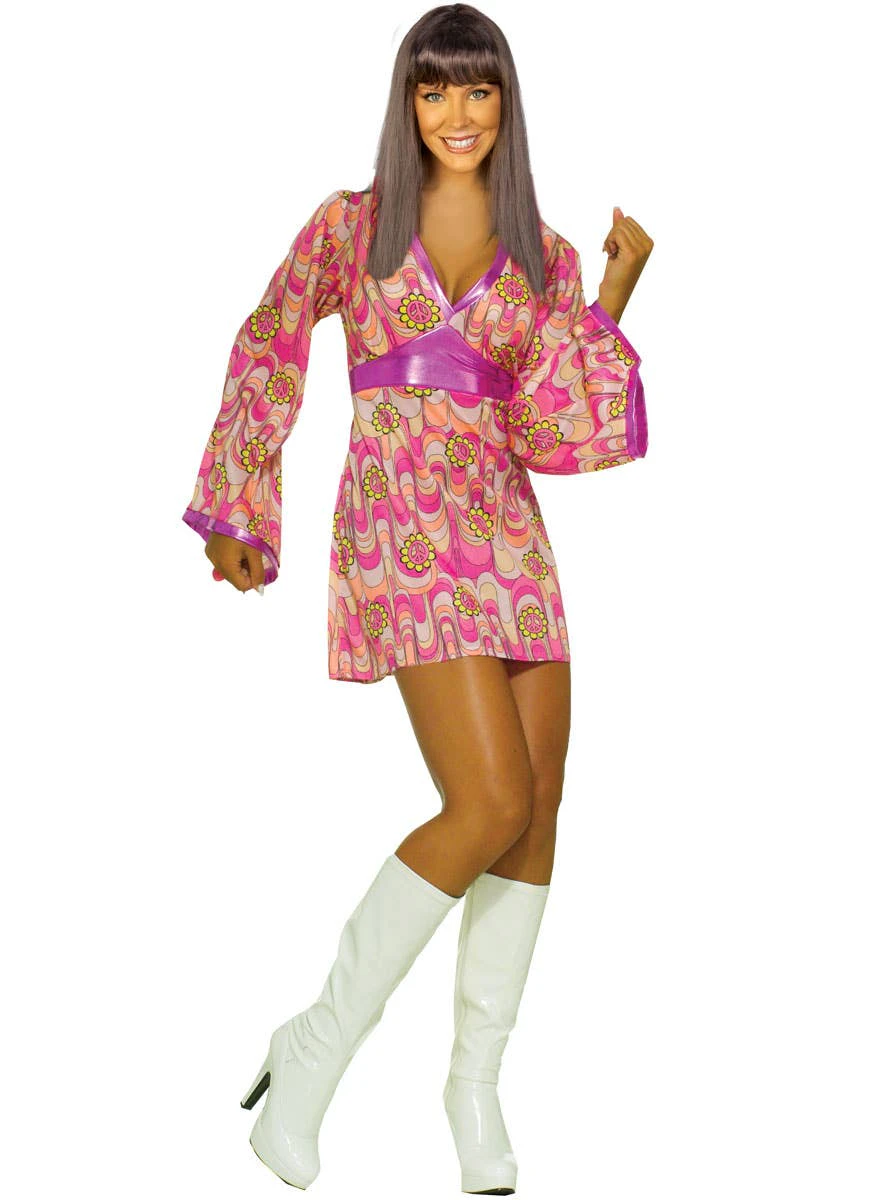 1970s Pink Flower Power Hippie Womens Costume Womens