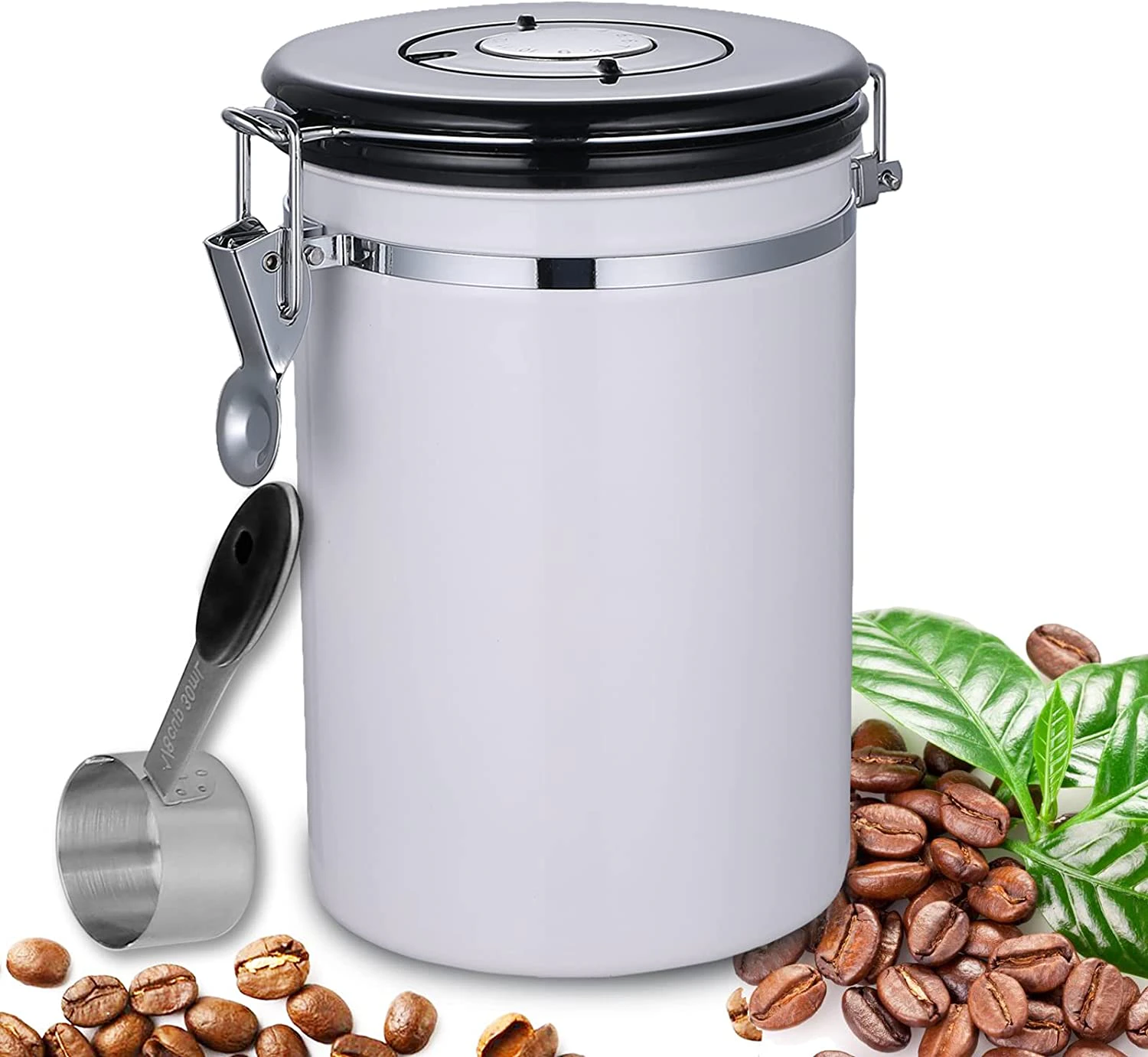 Airtight Stainless Steel Coffee Canister, Coffee Bean Storage Container Jar for Beans, Grounds, Tea, Flour, Cereal, Sugar (1.8L) - White