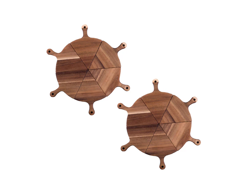 SOGA 2X  6 pcs Brown Round Divisible Wood Pizza Server Food Plate Board Pizza Paddle Cutting Board Home Decor